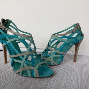 Elie Tahari Teal and Gray Strappy Heels worn 3x